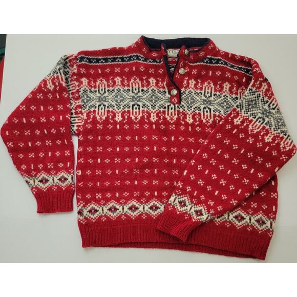 VTG LL Bean Pullover Nordic Sweater Faire Isle Wool Henley Apres Ski Women's XL - Picture 1 of 6